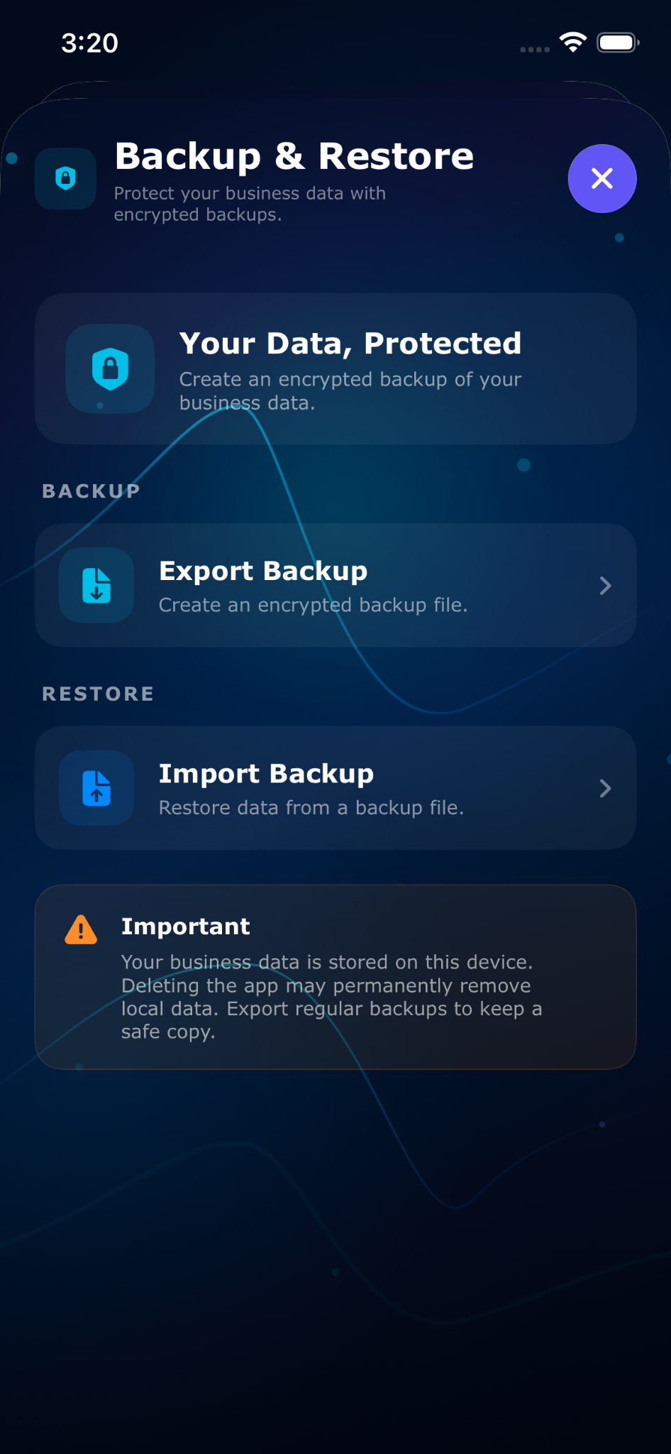 BizPeopleWorks backup and restore screen